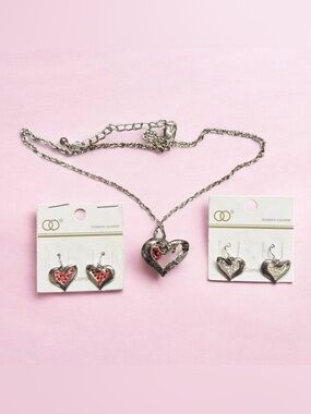 Silver tone Heart Pendant Necklace with 2 Pair of Matching Earrings